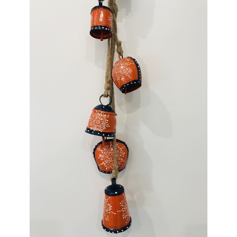 Global Mosaic Cow Bell Chime  5 Orange Bells With Hand Printed Flowers